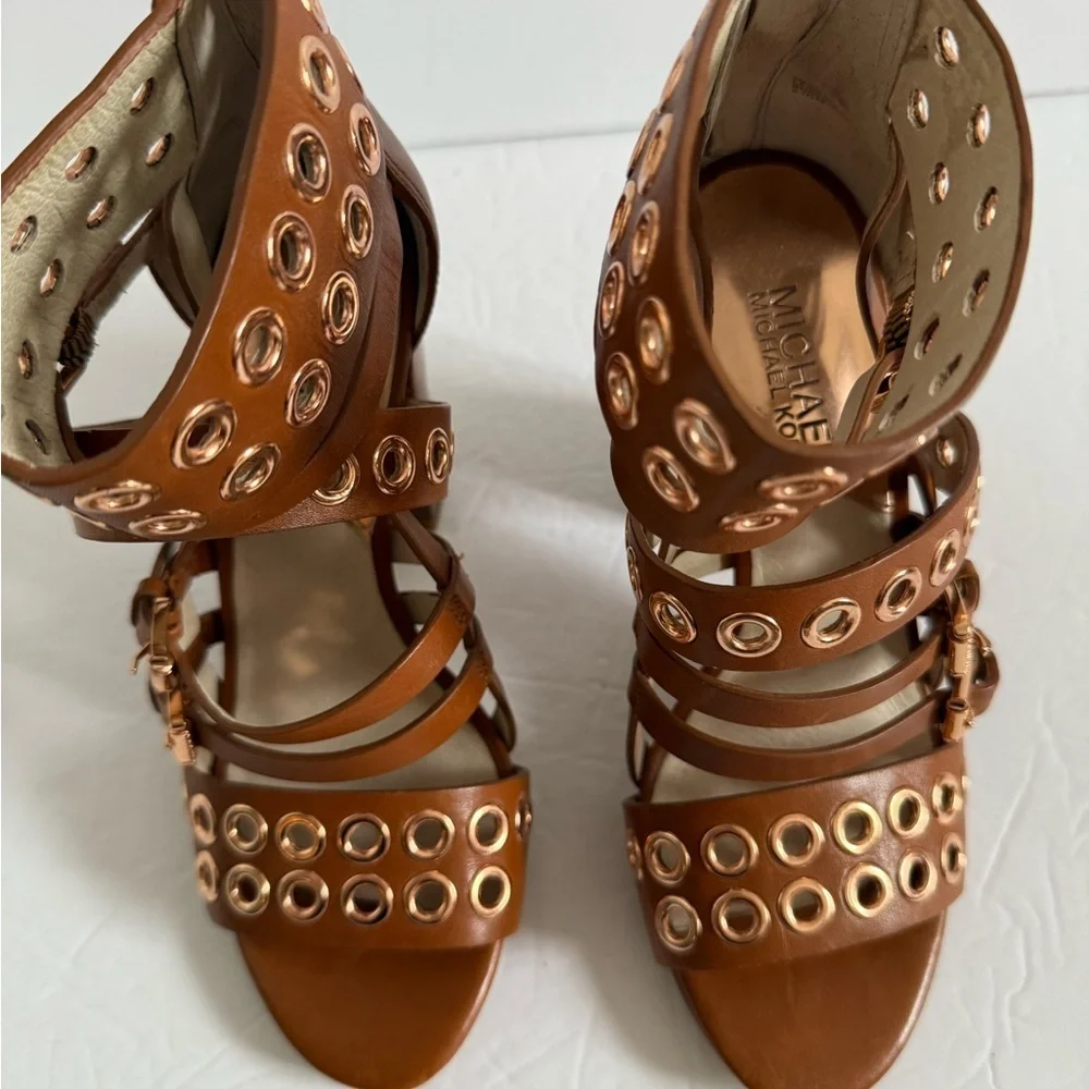 Michael Kors Brown Chunky Studded Edgy Heeled Gladiator Leather Sandals Size 5.5